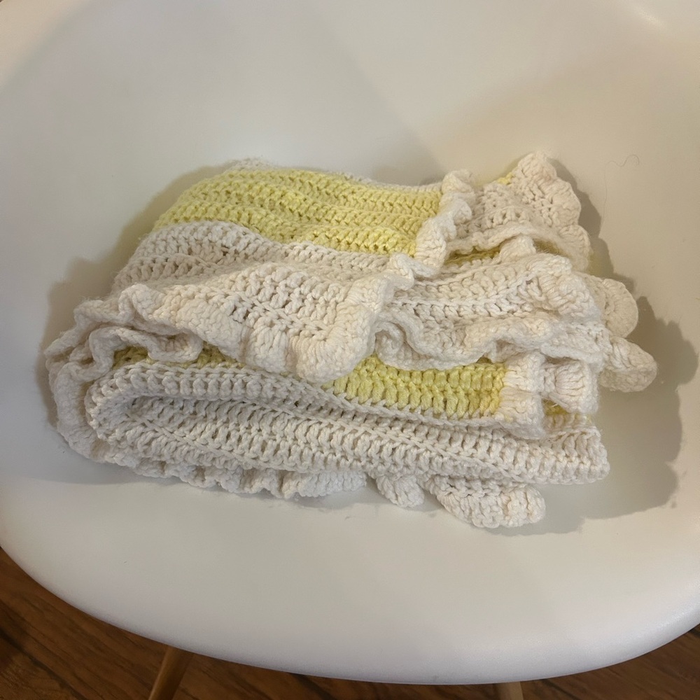 Handmade Crochet Baby Blanket Soft Knit  Yellow White 60”x 55”